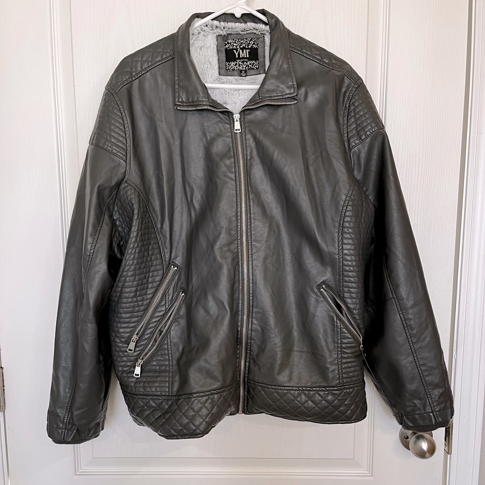 Vegan leather Moto jacket in steel grey with fleece lining and silver metal